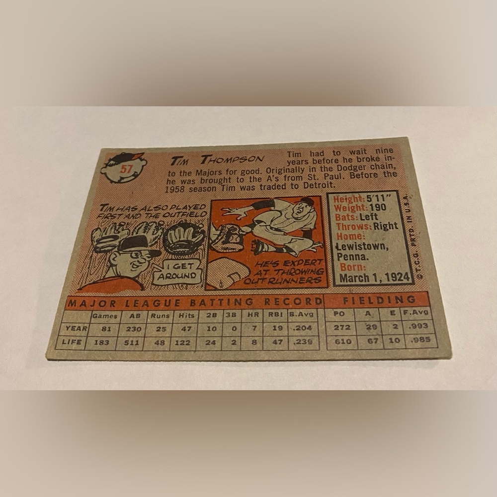 Tim Thompson 1958 Topps Baseball Card #57 (Yellow Name) Vintage Collectible - Picture 2 of 3